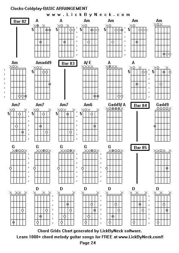 Chord Grids Chart of chord melody fingerstyle guitar song-Clocks-Coldplay-BASIC ARRANGEMENT,generated by LickByNeck software.